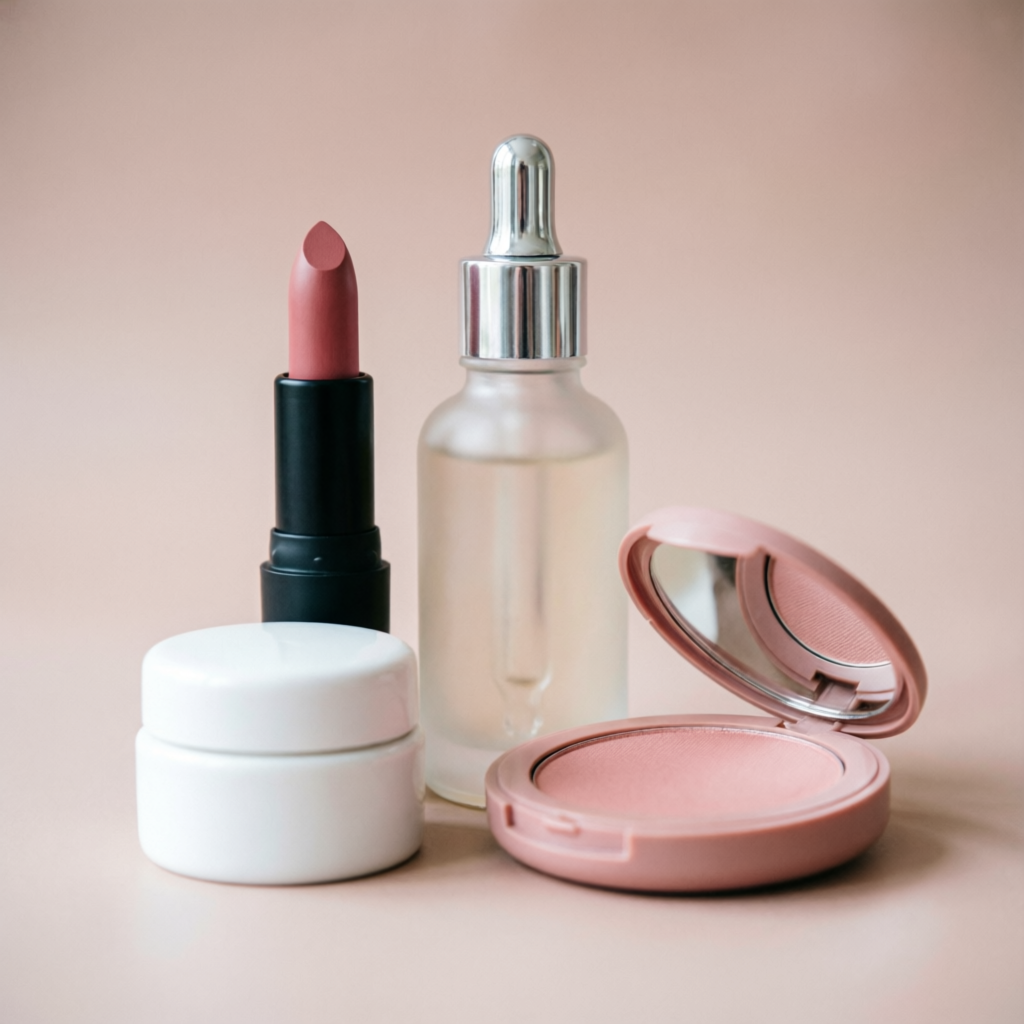 Unbranded private-label cosmetics — lipstick, serum bottle, cream jar and blush compact on a soft blush background